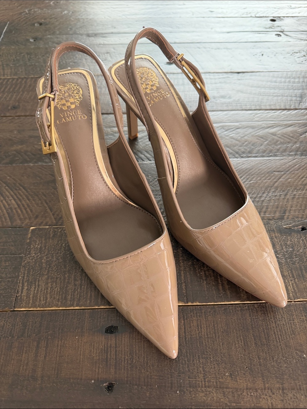 NWOT Vince Camuto Taupe Patent Croc-Embossed Slingback Pumps
